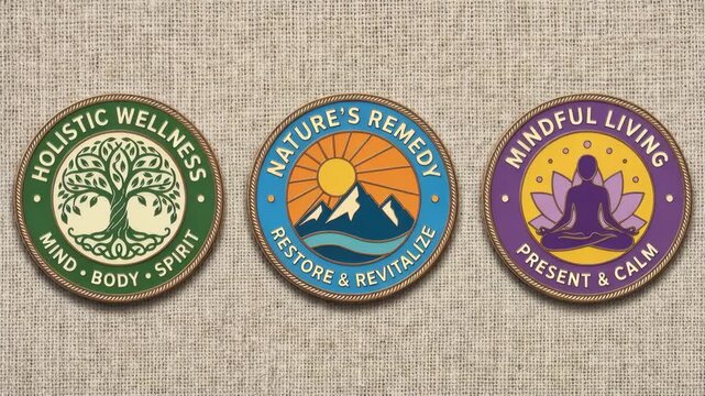 Embroidered wellness badge set, earth tones and vibrant hues, holistic health symbols for World Health Day