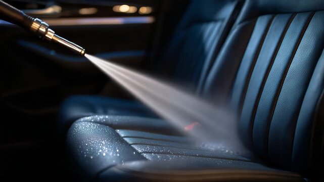 Cinematic close up of steam cleaning dark leather upholstery inside a luxury car, professional detailing nozzle releasing hot vapor, tiny water droplets clinging to leather texture