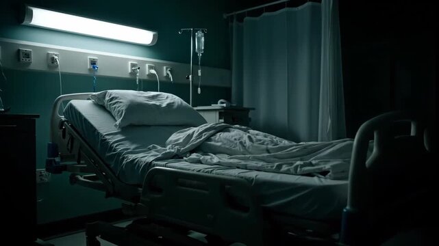 An empty hospital bed with an IV drip is shown in a dimly lit room. The scene evokes a sense of stillness and potential patient care within a medical facility.