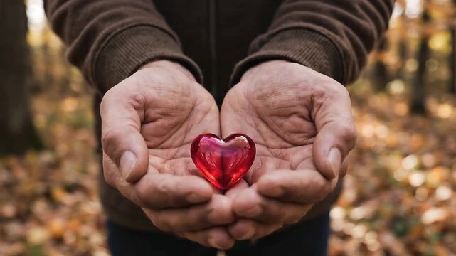 Hands of a man holding a red glass heart against an autumn forest background