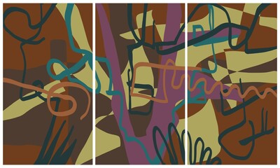 Fototapeta premium Modern interior triptych. The picture is painted by hand on a tablet.