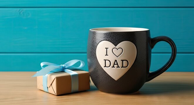 A heartfelt father's day gift setup featuring a mug and a small present with a blue ribbon