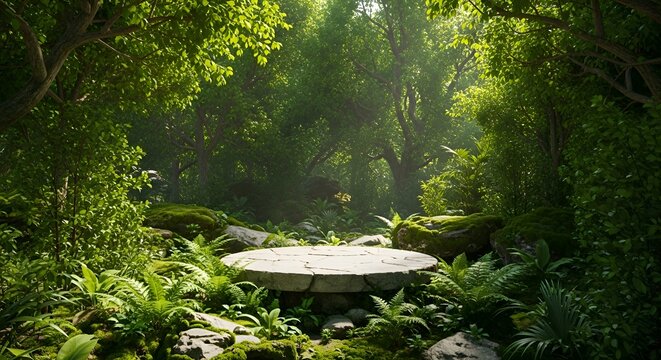 Serene forest glade with mossy stones and ferns lush greenery