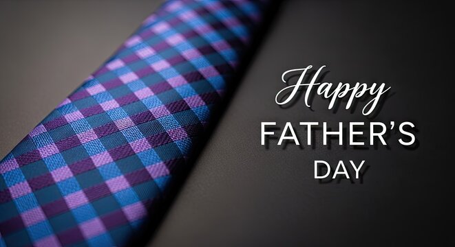 Festive father's day greeting with a vibrant plaid ribbon and elegant calligraphy