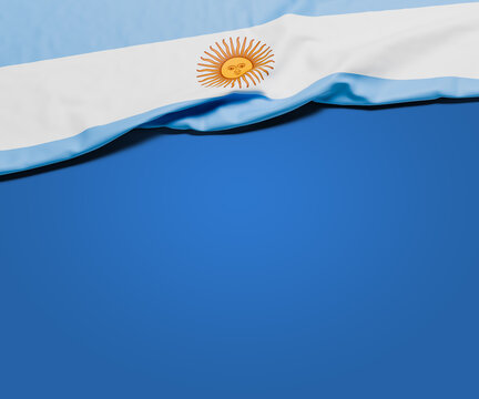 The wrinkled flag of Argentina draped on a blue background with shadow and copy space