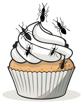 Cartoon ants crawling on a frosted cupcake, sweet treat pest problem illustration