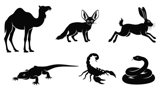 Camel fennec fox hare lizard scorpion snake desert silhouette vector set for arid wildlife