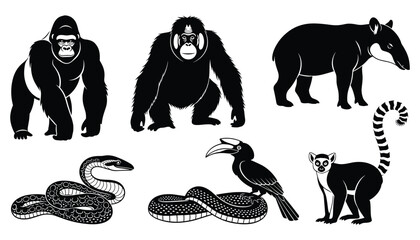 Gorilla orangutan tapir snake toucan lemur animal silhouette vector set for wildlife design © Md Robin Hasan