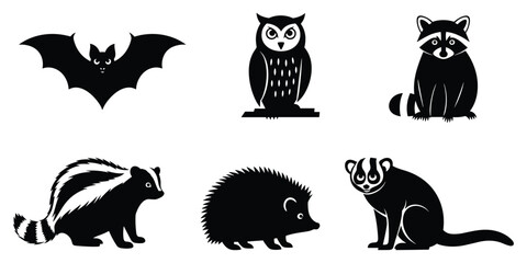Nocturnal animals vector silhouettes with owl bat raccoon skunk hedgehog lemur wildlife graphic illustration © Md Robin Hasan