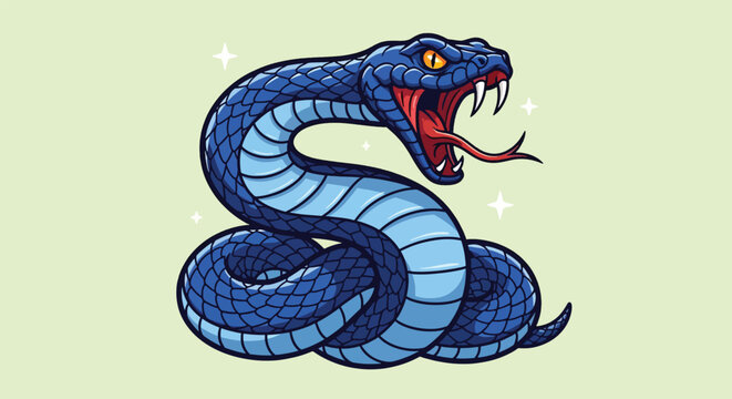 Blue Snake with Fangs and Tongue Out.