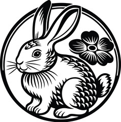 Obraz premium A detailed black and white line art illustration of a cute rabbit sitting next to a flower