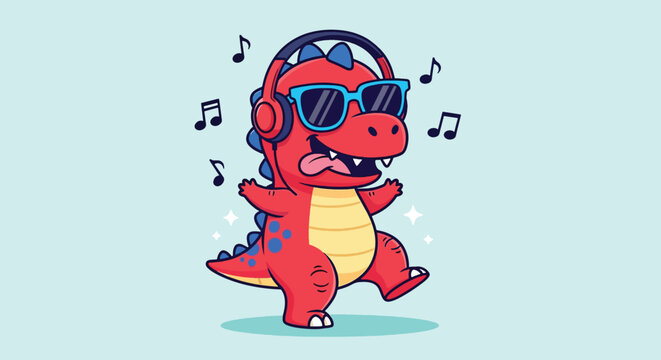 Cute Red Dinosaur Wearing Sunglasses and Headphones Dancing with Music Notes.