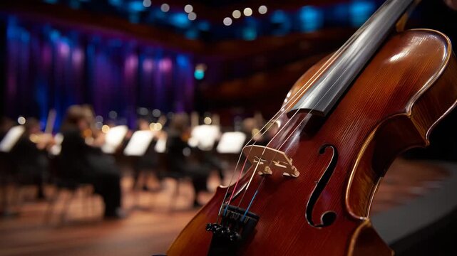 Close-up perspective from the curved body of a violin toward its fingerboard, surrounding instruments like trumpet and viola defocused in the background, polished wood with subtle
