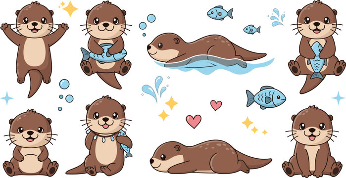 Cute baby otter vector set with playful cartoon characters fish hearts and water elements for kids design illustration