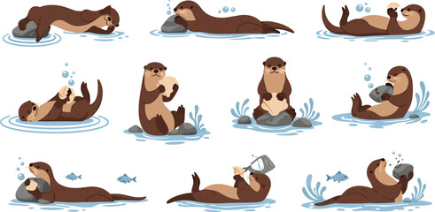 Playful otter vector set swimming floating and diving in water with cute wildlife cartoon illustrations collection for design © MstLaky