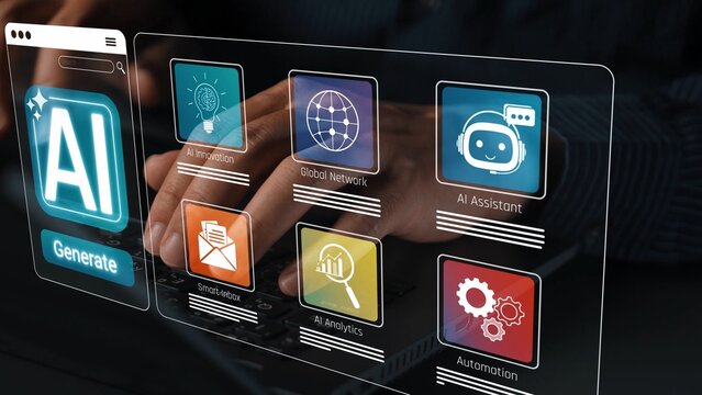 Hands on Keyboard in Front of AI Interface Displaying Automation, Analytics, and Assistant Tools with Modern User Interactions Sigmoid