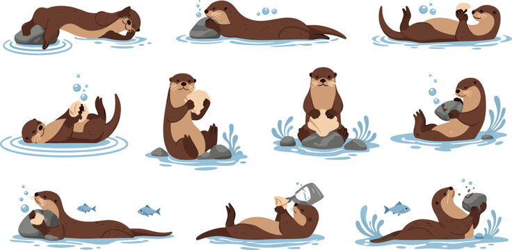Playful otter vector set swimming floating and diving in water with cute wildlife cartoon illustrations collection for design