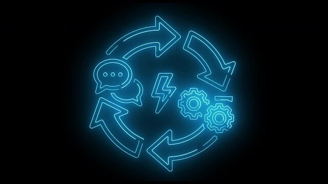 Neon-lit illustration of a circular communication process with speech bubbles, arrows, and gears on a black background.