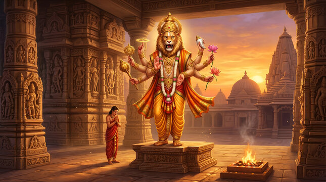 Lord Narasimha with Prahlada &ndash; Hindu Mythology Temple Art