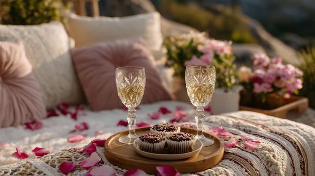 Close-up romantic picnic setup for an intimate date, low floor seating layered with plush velvet and linen pillows in soft blush and cream tones, scattered rose petals across a tex