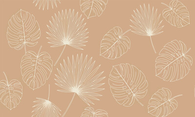 Fototapeta premium Tropical beige seamless pattern with elegant hand drawn white line art monstera and palm leaves for summer wallpaper textile and nature background hand-drawn vector illustration art