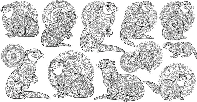 Intricate otter mandala vector set with ornamental patterns detailed line art animals for coloring pages tattoo and design