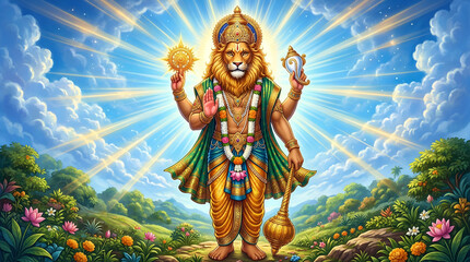 Fototapeta premium Lord Narasimha Divine Blessing – Hindu Mythology Temple Scene 