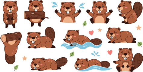 Cute Beaver Cartoon Collection with Funny Poses Swimming Playing and Holding Wood Adorable Animal Vector Illustration Set © MstLaky