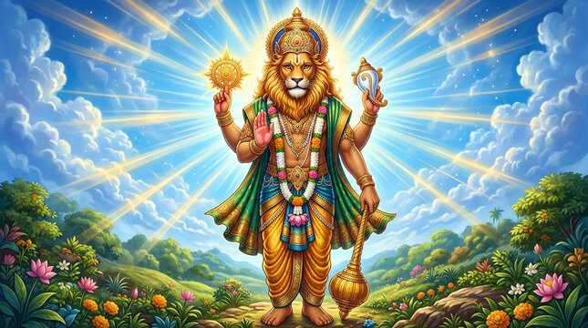 Lord Narasimha Divine Blessing &ndash; Hindu Mythology Temple Scene
