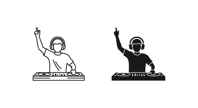 Two djs with headphones at turntables a bold graphic silhouette