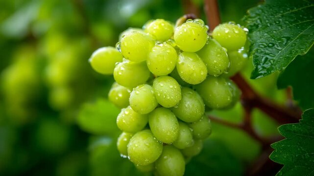 Detailed close up of a bunch of green grapes with tiny water droplets clinging to smooth skins, subtle light highlighting the dewy texture, intertwined brown branches and vibrant g