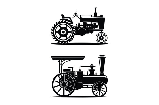 Vector silhouettes of vintage tractor and steam engine tractor