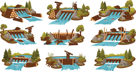Beaver Dam Construction Illustration Set with River Waterfall Logs and Forest Habitat Cartoon Vector Collection Isolated © MstLaky
