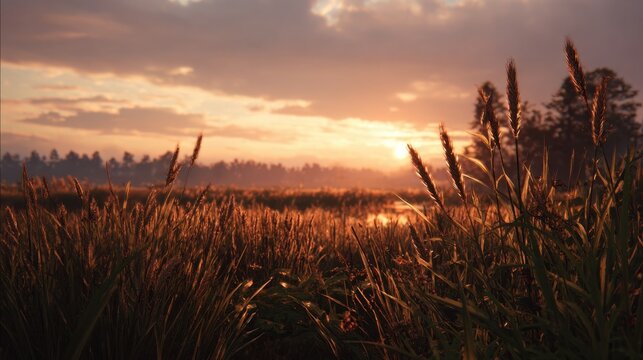 Tall marsh reeds glowing at golden sunset over wetland