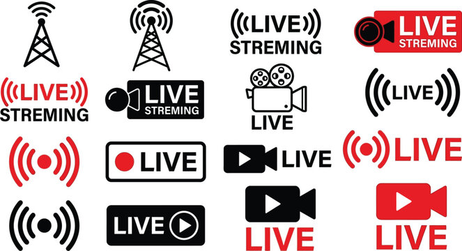 Live streaming icon set. Online broadcast symbols. Video camera and network signal logotypes. Vector illustration.