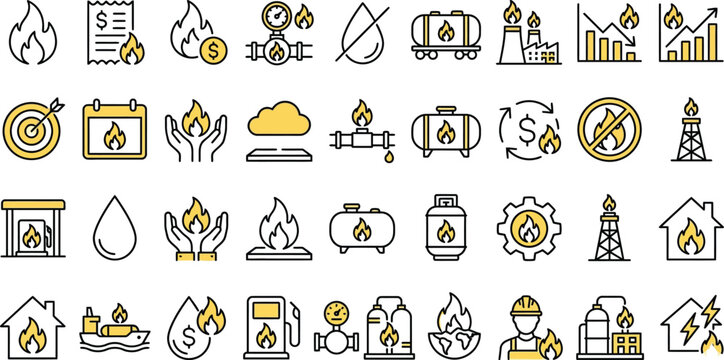 Fire safety and heating line icon set. Flame, smoke, extinguisher, alarm and fireplace symbols. Emergency protection and prevention pictograms. Yellow outline collection. Vector illustration.