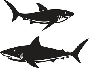 Fototapeta premium A pair of minimalist black silhouettes depicting sharks swimming in opposite directions on white
