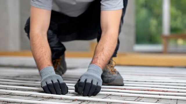 Detailed professional construction photograph of hands in gray safety gloves aligning underfloor heating pipes in parallel rows across spotless concrete foundation, subtle texture