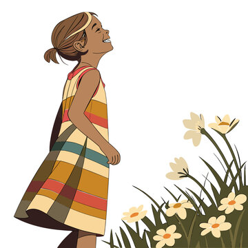 A young girl with a joyful expression gazes upward towards blooming flowers in a vibrant illustrative style high quality professional