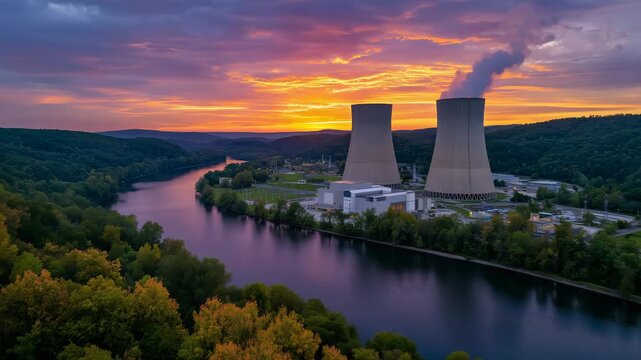 High-resolution drone shot of a nuclear power station at twilight, cooling towers silhouetted against a radiant orange and violet sky, calm waters wrapping around the perimeter, su