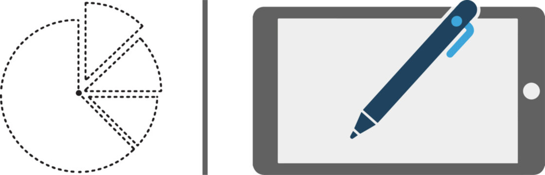 A vector graphic featuring a dotted-line pie chart with separated segments on the left and a digital tablet with a stylus pen on the right, divided by a vertical black line.