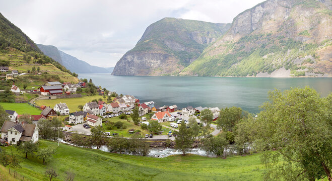 Panorama of town Undredal at the Aurlandsfjorden (Norway)