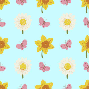 Floral spring seamless pattern. Hand drawn meadow flowers background.