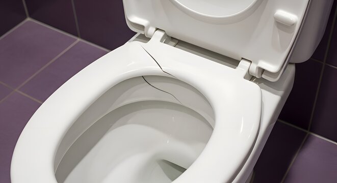 Cracked white toilet seat on purple tiled bathroom floor