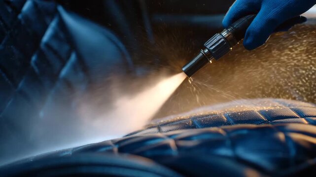 Hyper-realistic close up of auto detailing steam cleaning dark leather upholstery, fine mist and tiny water droplets visible on textured surface, gloved hand holding nozzle steadil