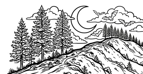 Obraz premium Black and White Sketch of Mountain Hills with Bats and Clouds