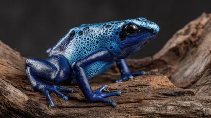 Obraz premium Blue poison dart frog perched on weathered wood log