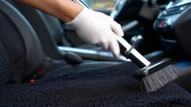 Hyper-realistic macro shot of vacuuming black car floor mat, fibers perfectly upright, gloved hand controlling nozzle, reflections from dashboard and door panels emphasizing meticu