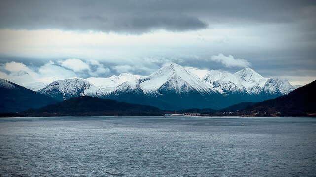 Snowy Mountain Range and Fjord View at Winter &Aring;lesund Norway