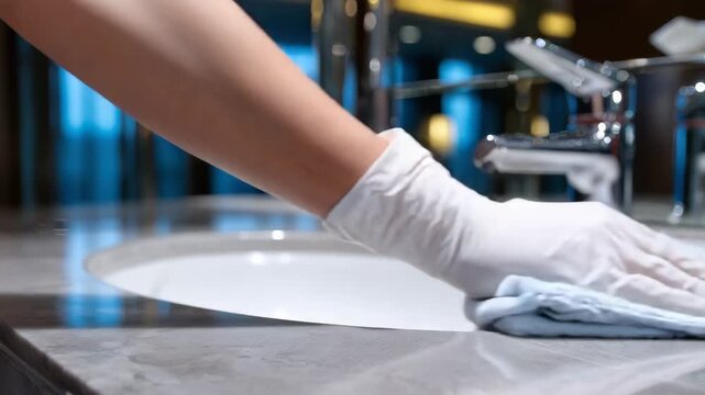 Medium perspective of impersonal hands in white gloves polishing tub surface, microfiber cloth catching ambient light, chrome clothes dryer pipes and faucet subtly blurred, reflect